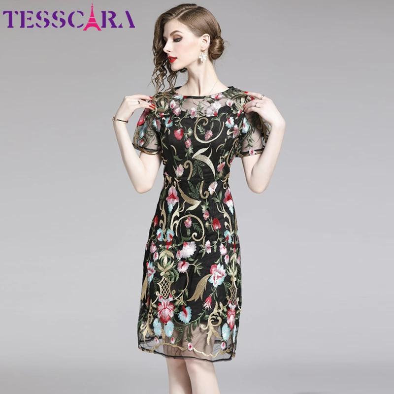 TESSCARA Women Luxury Embroidery Mesh Dress Female Elegant Event Party Robe Femme Designer High Quality Ladies Cocktail Vestidos | Женская