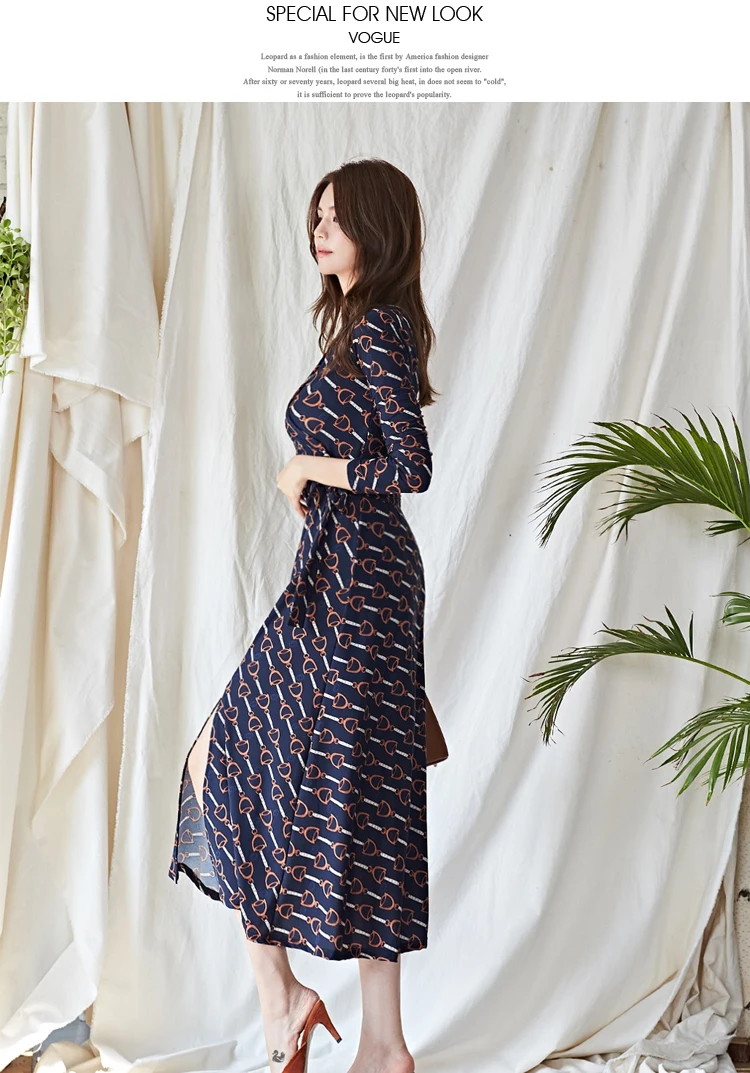 H Han Queen Autumn Winter Boho Style Print Long Dress Women New Lace-up Bottoming Dresses OL Casual A-line Holiday Vestidos