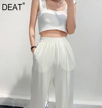 

DEAT 2020 New Summer Fashion Tide Street Style Sleeveless Vest Navel Suspender High Waist Straight Leg Pants Set Women SB832