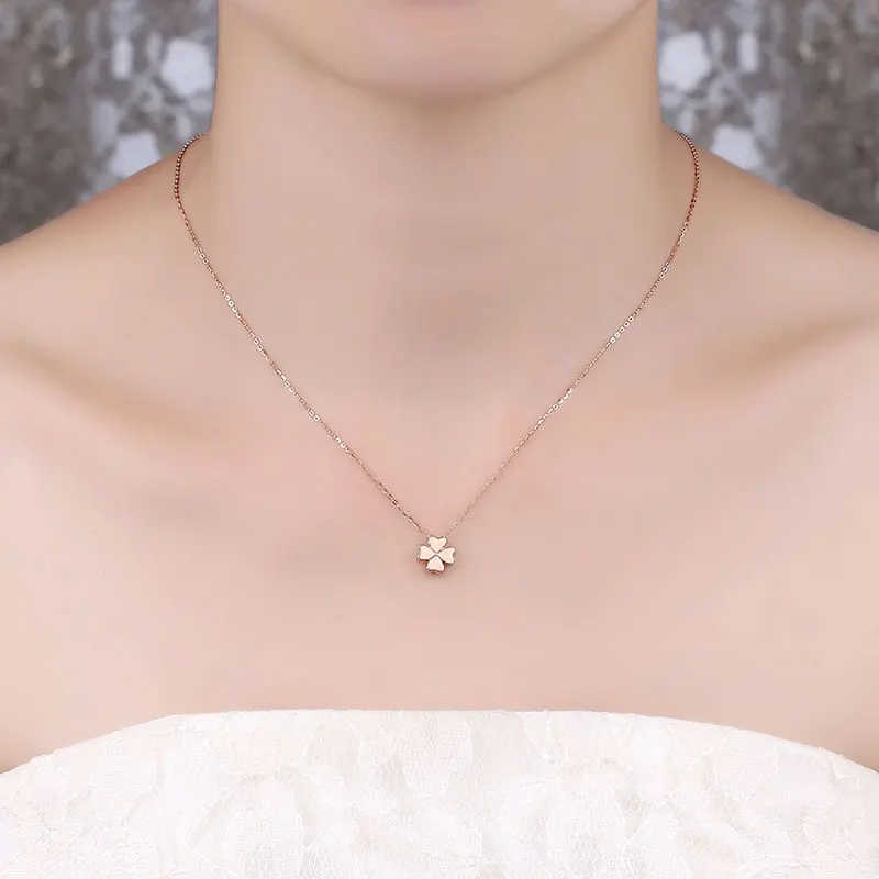 Lucky 4-Leaf Clover Clavicular 18K чистое Настоящее твердое розовое настоящее золото кулон ожерелье набор для женщин Высококлассные Необычные офисные ювелирные изделия