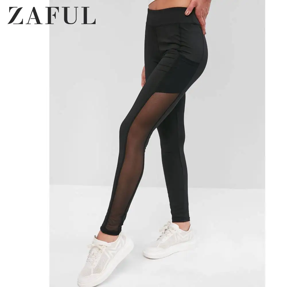 Спортивные Леггинсы с сетчатыми вставками и карманами ZAFUL, сетчатые вставки, боковые карманы, Спортивные Повседневные женские леггинсы с высокой талией, Осенние, для улицы
