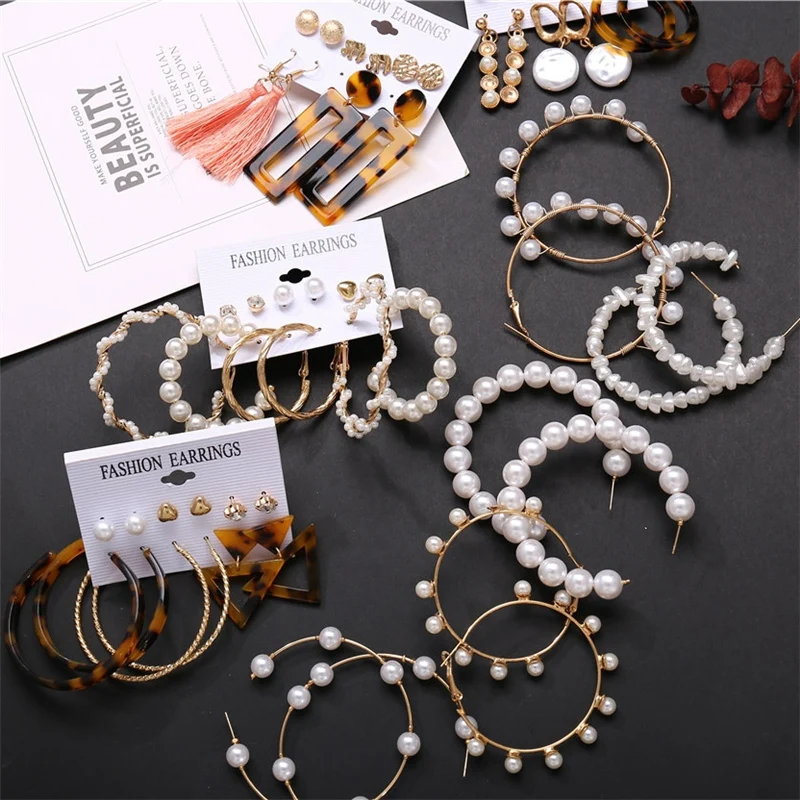 

IF YOU New Fashion Pearl Acrylic Oversize Earrings For Women Geometric Round Big Long Statement Dangle Earrings Set Jewelry 2019
