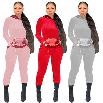 

Popular Style Velvet Sequins Design Women Leisure Suit Pink Red Grey Colors S-xxl Sizes Women Sweat Suit Set Sport Style Clothes