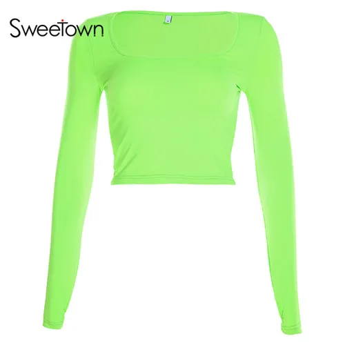 Sweetown однотонная Базовая футболка неонового цвета, черная Осенняя футболка с круглым вырезом и длинным рукавом, Женская облегающая Сексуальная женская футболка для фитнеса - Цвет: green