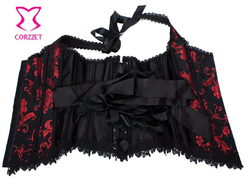 Виктории черный парча Красный Цветочный вышитый бюстье с завязкой через шею Корсет Топ сексуальное белье Корсеты корсеты для женщин готическая одежда