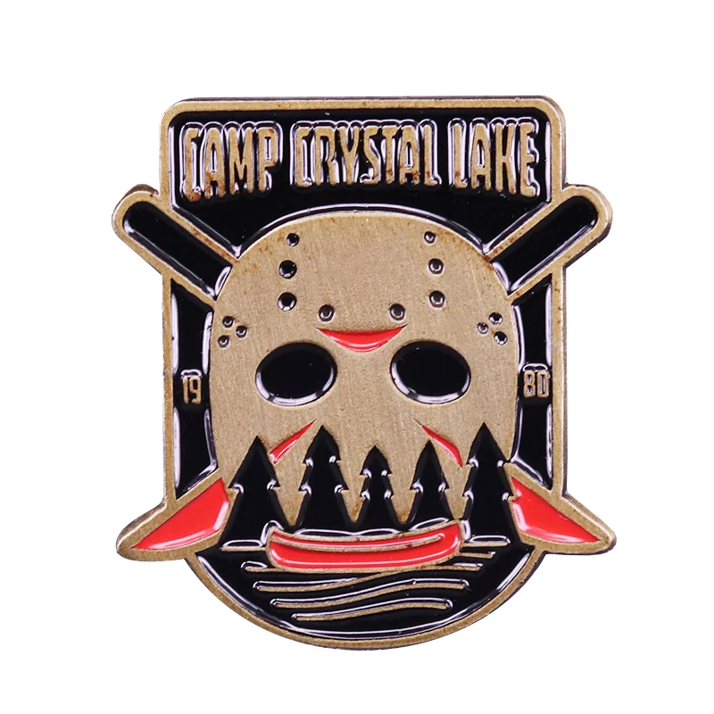 

Camp crystal lake Jason slay pin Friday the 13th inspired vintage horror bloody jewelry