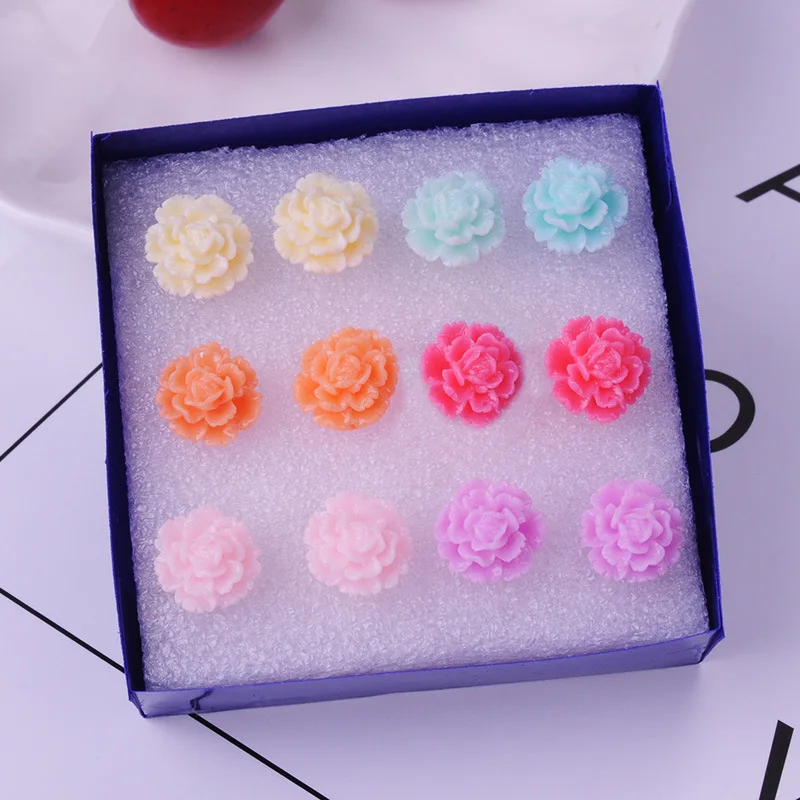 8Seasons New Fashion Colorful Rose Chrysanthemum Flower Plastic Stud Earrings Set For Women Party Club Earrings Jewelry,1Set