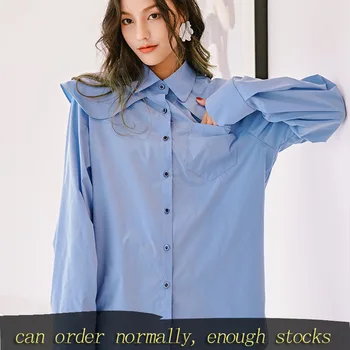 

LANMREM can ship casual fashion Blue Long Sleeve Shirt for women 2020 vintage Loose turn down collar with pleates Tops YH933