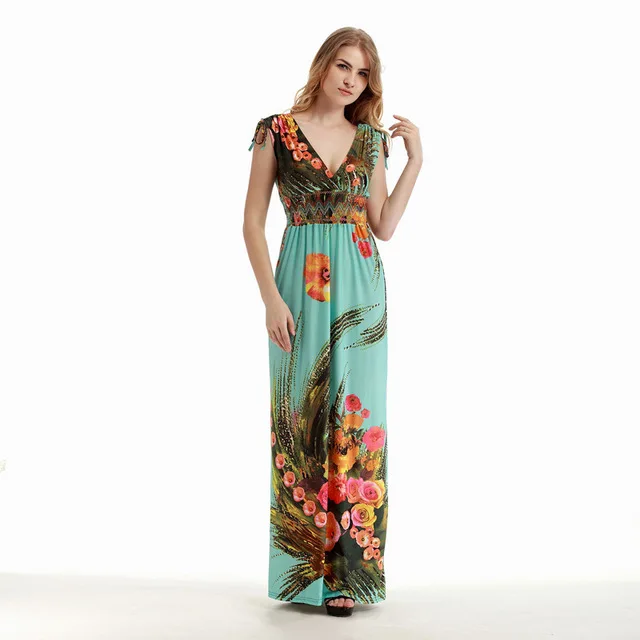 Армейский зеленый Women Summer Vintage Vintage ukraine Boho Beach Clothing Ladies Bohemian Print Maxi Long Dress Plus Size 6XL Vestido - Цвет: Армейский зеленый