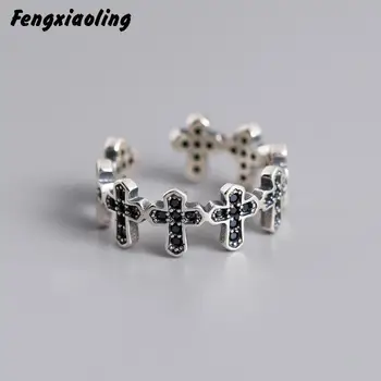 

Fengxiaoling Vintage Jewelry 100% 925 Sterling Silver Retro Cross Black Zircon Open Rings For Women High Quality Fine Jewelry