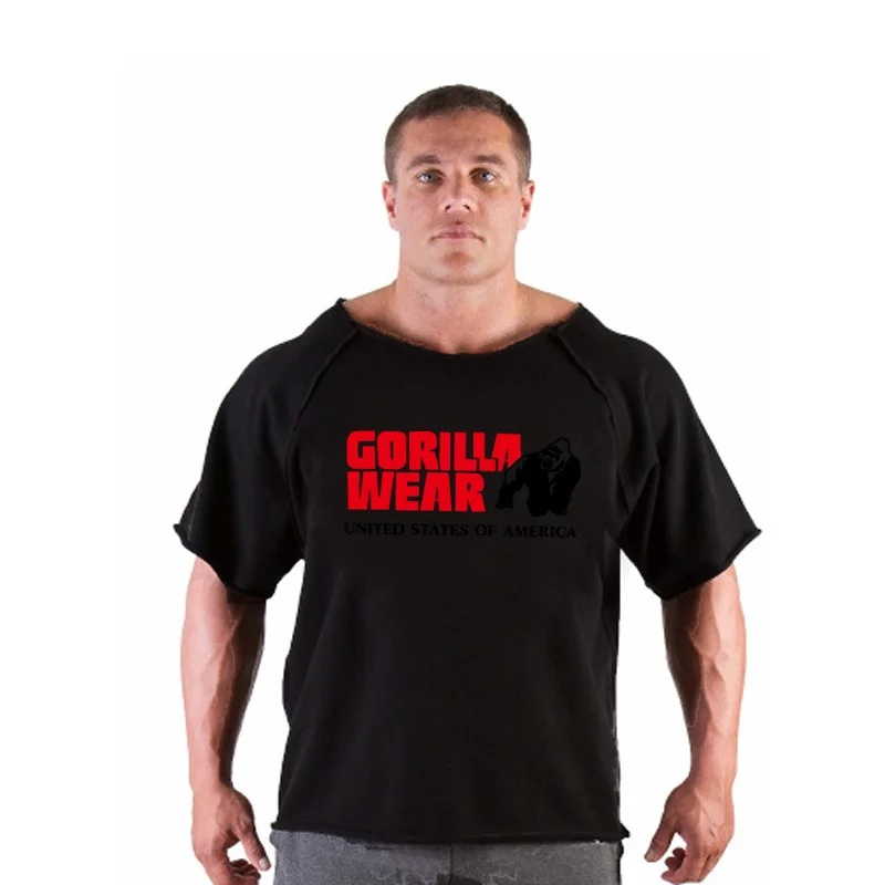 skull print tracksuit t shirt muscle shirt Trends in Fitness Men Bodybuilding Gorilla Wear Shirt Batwing Sleeve Rag Tops - Цвет: 6