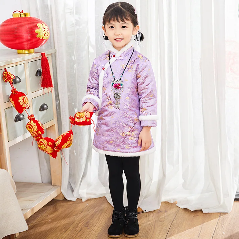 New Children Girls Cheongsam Chinese Style Long Sleeve New Year Flower Embroidery Dress Thick Winter Girls Warm Dress 2-12Y
