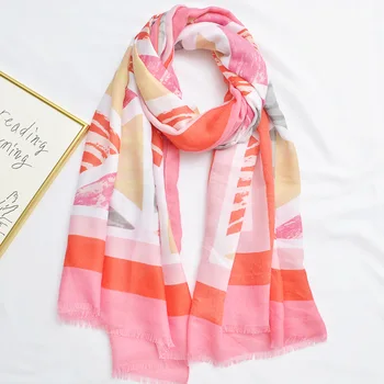 

Pink geometric triangle cotton and hemp scarf dual purpose super silk scarf gauze towel beach towel