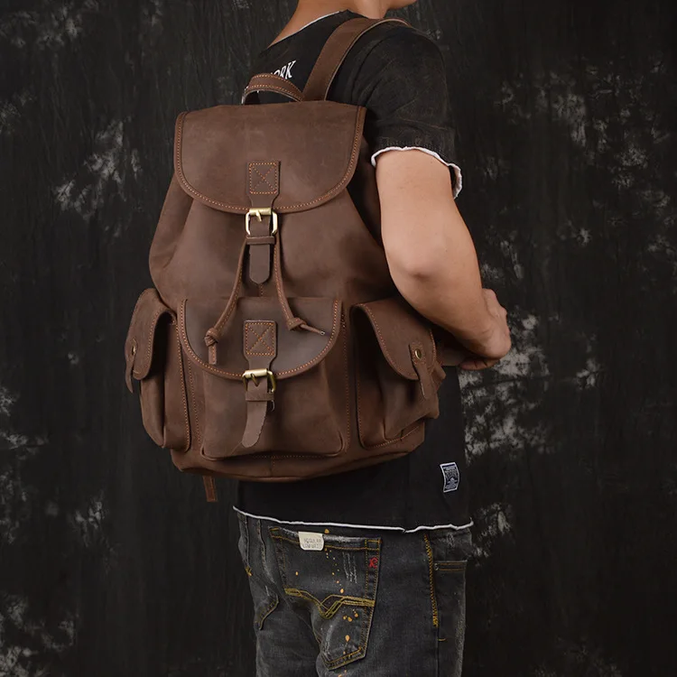 The first layer of leather leather retro personality women's shoulder bag crazy horse leather travel men's backpack