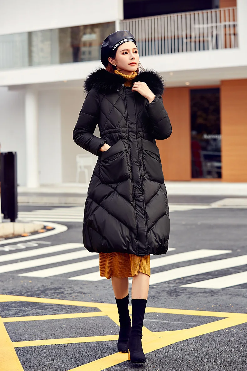 Winter New Style White Duck down Jacket Women's Korean-style Large Fur Collar deng long bai Mid-length Slim Fit Coat