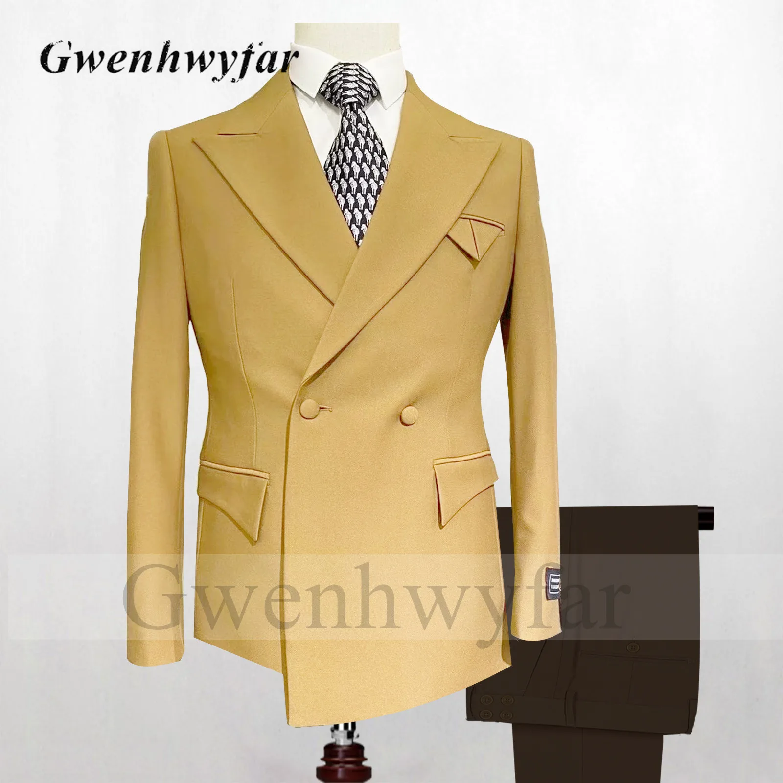 Nina Store Men's Suit Brown Blazer Black Pants Set Double Breasted Groom Wedding Tuxedos Asymmetry Length Jacket