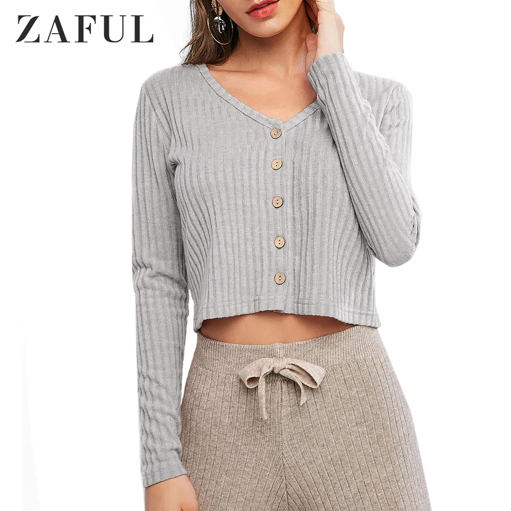 Gray Cloud ZAFUL осенний женский Одноцветный ребристый кардиган на пуговицах, Одноцветный женский топ с v-образным вырезом, однокнопочный плотный свитер, короткие свитера, кардиган - Цвет: Gray Cloud