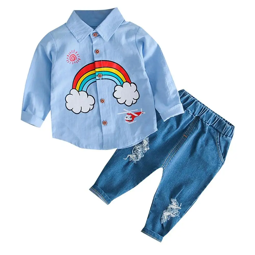 Light blue Детская футболка с радугой для маленьких мальчиков и девочек, топы, рваные джинсы, штаны, комплект одежды для маленьких детей, г., новые стильные осенние милые костюмы - Цвет: Light blue