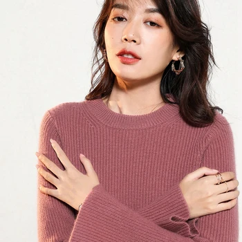 

Winter Thicker Warm Sweaters and Pullovers for Women 100% Pure Cashmere Knitwear O-Neck Flare Sleeve Ladies Jumpers Clothes