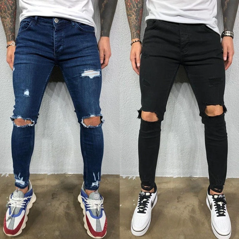 vaqueros ajustados para hombre, Jeans elásticos rasgados con agujero en rodilla, Color estilo urbano|Pantalones vaqueros| - AliExpress