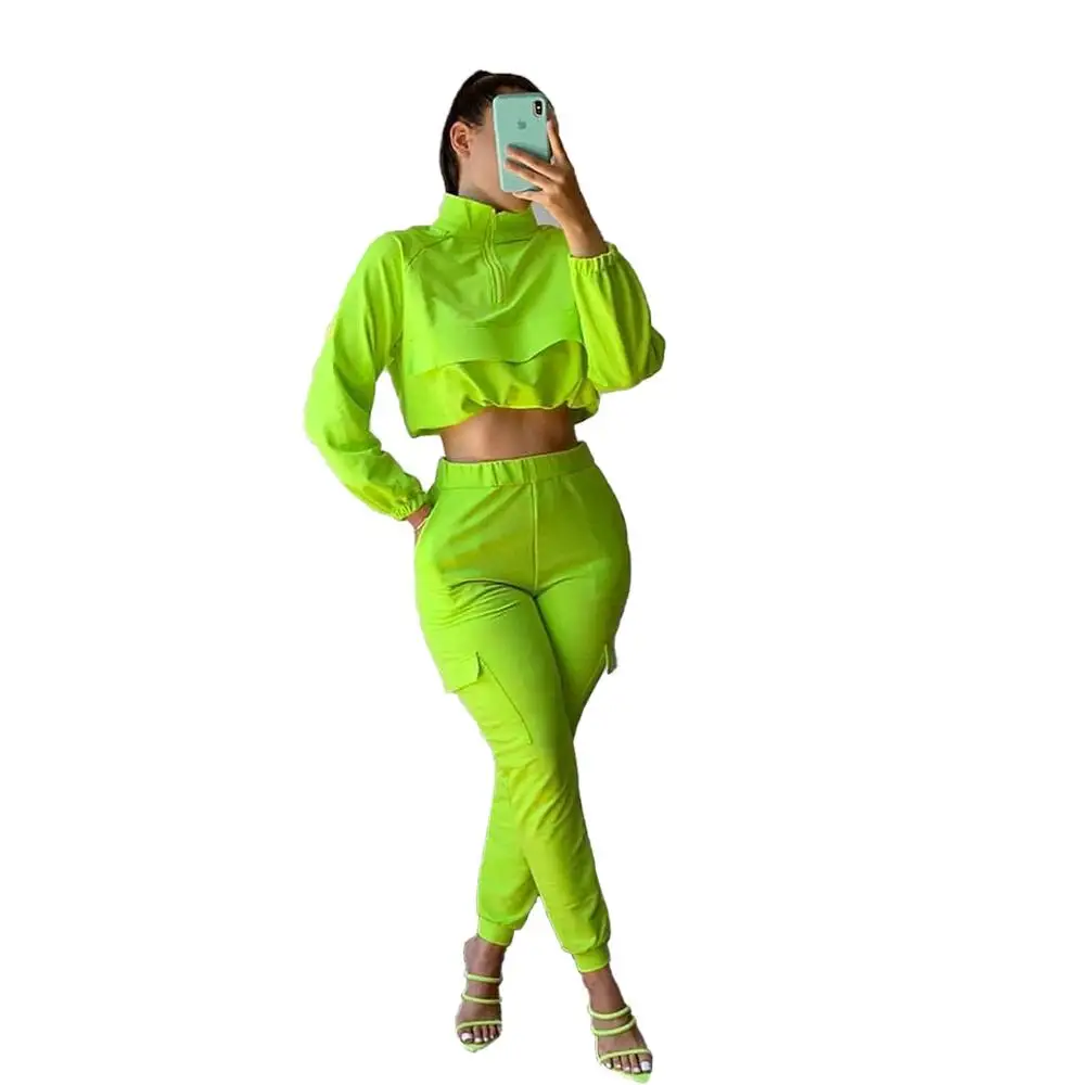 

Adogirl Fluorescence Color Women Tracksuits 2 Pieces Set Long Sleeve Zipper Crop Tops Pockets Jogger Pants Suits Sportswear