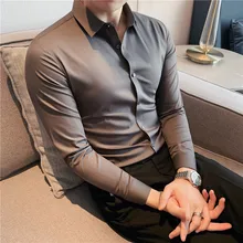 Camisas de mangas compridas coreanas para homem, camisas confortáveis sem costura, camisas de estiramento finas, camisas de mangas compridas masculinas