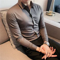 Camisas de mangas compridas coreanas para homem, camisas confortáveis sem costura, camisas de estiramento finas, camisas de mangas compridas masculinas