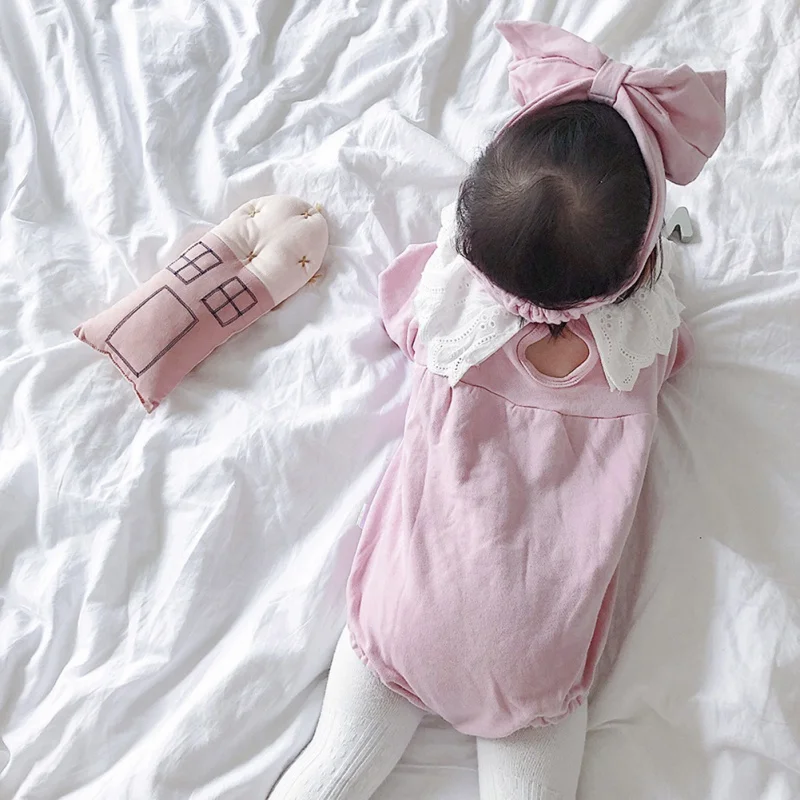 Infant Baby Girls Boys Long Sleeve Romper Solid Color Jumpsuit Climb Soft+Hairband Two-piece Set