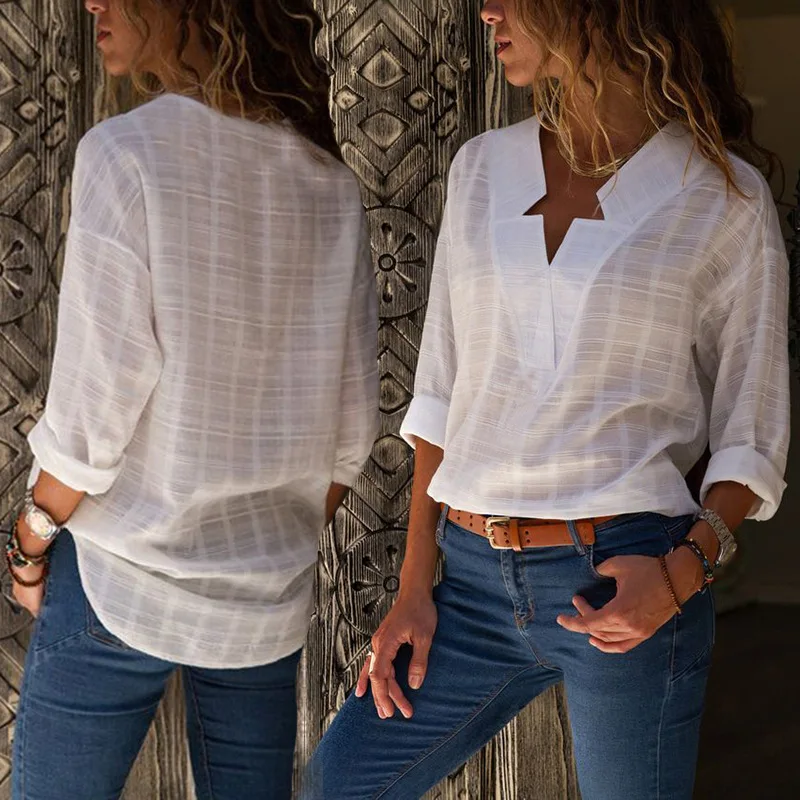 

blouse women ladies tops Cotton Office Lady Full V-Neck social womens tops and blouses 2020 long sleeve fashion gift