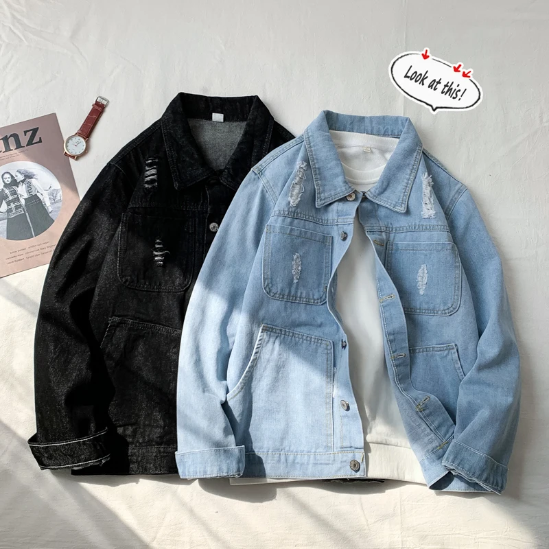 new good size fashion denim jacket lapelSpring fashion loose coupleEmbroidered casual jacket