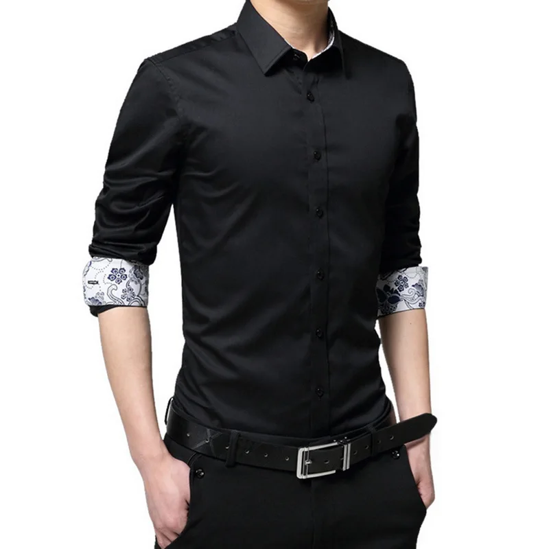 Solid Black Pui men tiua 5XL Клетчатая Мужская рубашка с длинным рукавом, формальная Мужская рубашка с отложным воротником, мужская деловая одежда, модные Лоскутные Рубашки, Топы - Цвет: Solid Black
