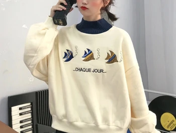 

2019 autumn and winter plus velvet thick sweater female student Korean version ins half high collar tide loose lazy wind jacket