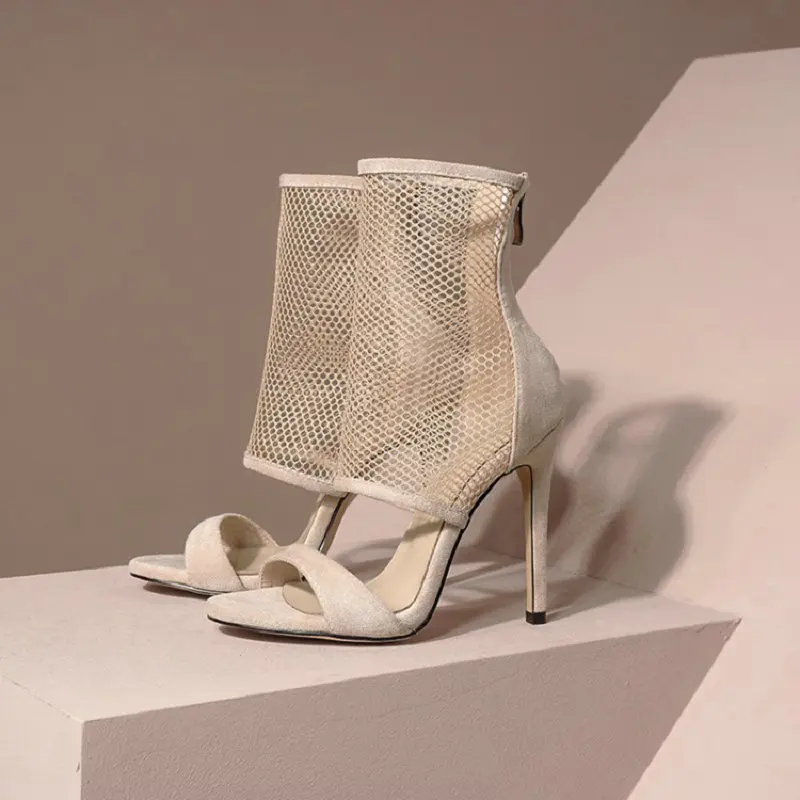 

ZawsThia 2020 summer thin high heels sexy mesh air net women's sandals open toe zipper party wedding woman pumps sandals femme