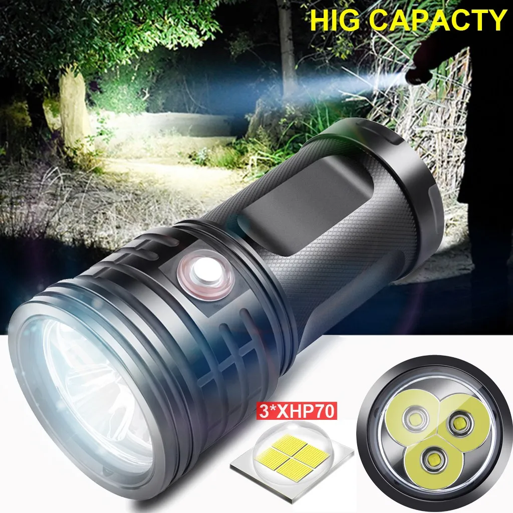 Outdoors Hiking Led Flashlight 3*xhp70 Torch Usb Rechargeable Waterproof Lamp Ultra Bright 2*18650 Rechargeable Battery