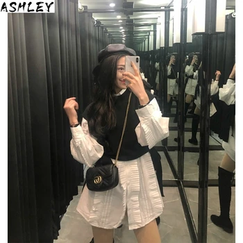 

Pleated Women White Irregular Stitch Big Size Blouse New Lapel Long Sleeve Loose Shirt Fashion Spring Summer 2020