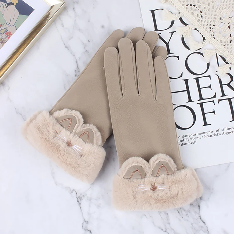 Breathable Soft Comfortable Plus Velvet Cute Cat Ear Furry Mittens Autumn Winter Women Full Finger Touch Screen Thermal GlovesZi