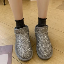 Rimocy/; зимние ботинки с блестками; женские зимние утепленные ботильоны без застежки; женская обувь на плоской подошве с хлопковой подкладкой