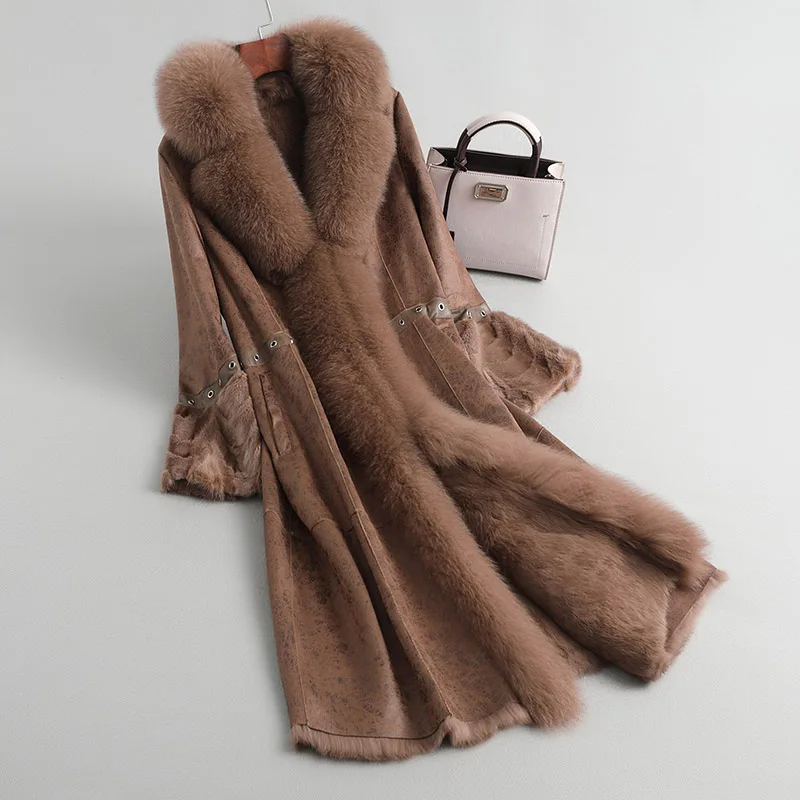 Двусторонний кожаный воротник из лисьего меха с норковым мехом, натуральное пальто из кроличьей кожи, тонкий стиль с длинным рукавом - Цвет: CAMEL