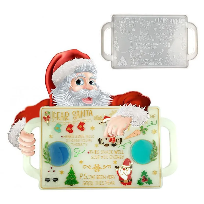 DIY Christmas Tray Silicone Mold Santa Claus Christmas Tree Mirror Epoxy Resin Plate Handle Dish Mould Jewelry Making christmas tree snowman epoxy resin silicone mold diy christmas candle mold for aromatherapy plaster making