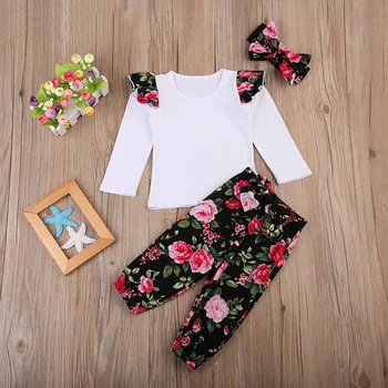 

PatPat Gorgeous Flounced T-shirt Floral Pants Headband Set for Baby Girl 3-piece Set Spring and Autumn Leisure Flower Print