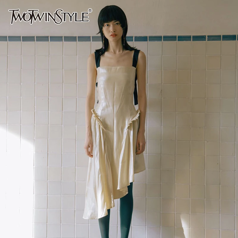 TWOTWINSTYLE Asymmetrical Dresses Female Square Collar Sleeveless High Waist Irregular Hem Patchwork Hit Color Dress Women Tide TWOTWINSTYLE Asymmetrical Dresses Female Square Collar Sleeveless High Waist Irregular Hem Patchwork Hit Color Dress Women Tide