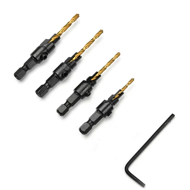 Citop 4Pcs/set 1/4 Inch Hex Shank Taper Hole Drill With Wrench Woodworking Head Drill Bit Wood Board Hole Opener Drills Bit