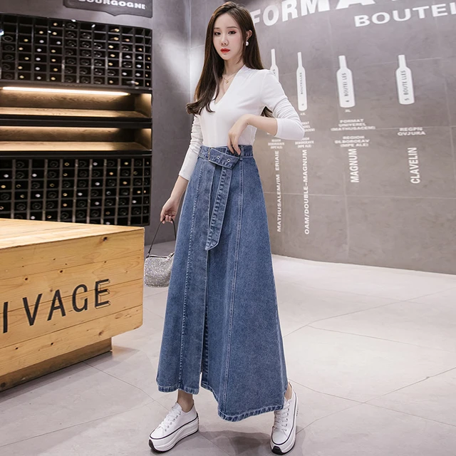 Falda vaquera larga de cintura alta para mujer, con botones, línea A, moda de verano, estilo coreano, prendas de elegantes, 2021 _ - AliExpress