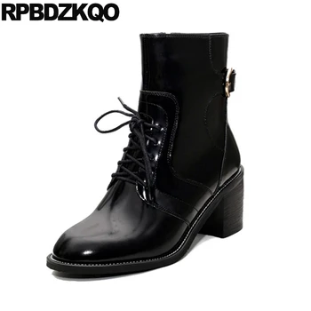 

thick fall short high heel front lace up casual ankle boots autumn round toe chunky black shoes brand block 2019 genuine leather