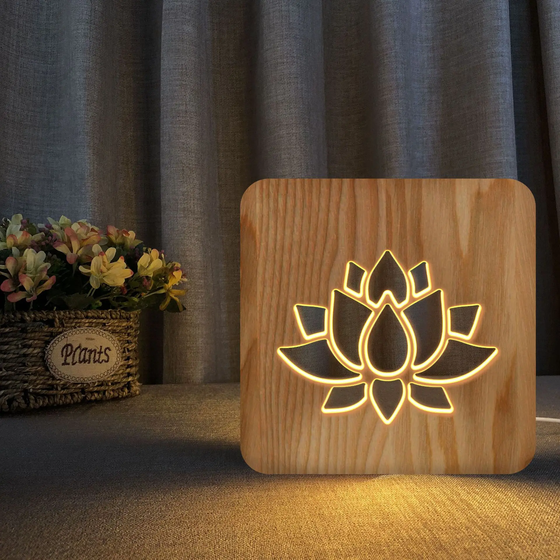 

Lotus 3d Led Wooden Night Light Solid Wood Hollow Carving Led Table Lamp Decorative Gift for Kids Home Bedroom Office Decor