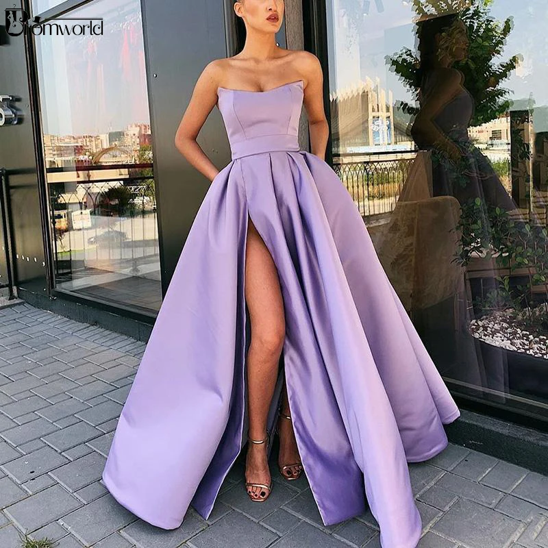 2021 New Plus Size Prom Dresses Long Sleeveless Satin Sexy Split Lilac Formal Party Dress vestidos de gala | Свадьбы и торжества