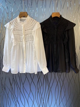 

2020 Early Autumn New Women's Pleated Neckline Decorative Sleeve Shoulder Wooden Ear Stitching Long Sleeve Solid Color Shirt 802