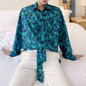 

Fashion Show Vintage Flower Print Dress Shirts Stage Clothes Men Bow Tie Long Sleeve Casual Loose Shirts Japan Korea Style Male