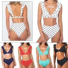 Купальник бикини с высокой посадкой, пляжный сексуальный купальник из полиэстера в черно-белый горошек, пляжная одежда для плавания, модная одежда для девочек и женщин