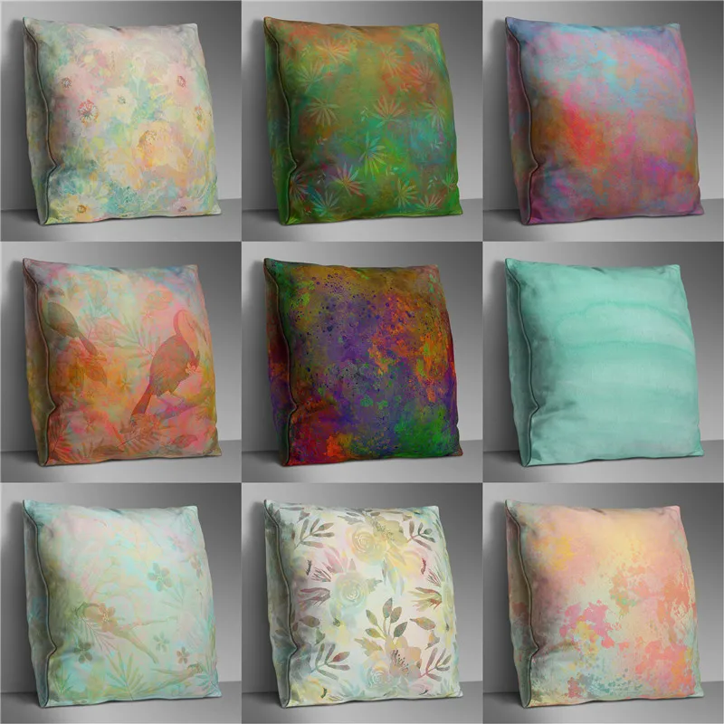 

Watercolor Leaves Pillow Case Rainbow Birds Flower Double Sides Polyester Sofa Decorative Cushion Cover Pillowcase Home Decor